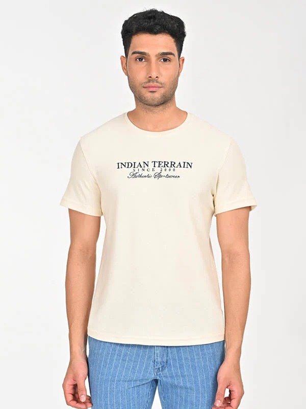 Indian Terrain Men's Half Sleeve Regular Fit Cream Round Neck T-Shirt